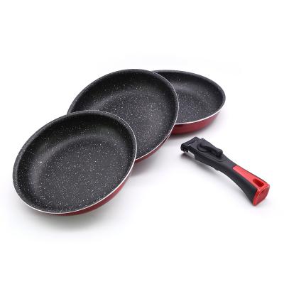 China 3 Piece Sustainable Non-Stick Pan Set Oven Safe Cookware Set with Detachable Handle, Space Saving, Induction Base Ceramic Coating for sale