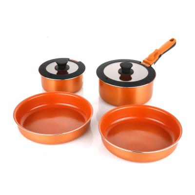 China Sustainable Ceramic Nonstick 4PCS Cookware Set With Detachable Handle Orange Space Saving Pan for sale