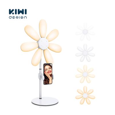 China 2021 Newest Flower Selfie Plastic Halo Light with Universal Phone Holder, KIWI Design Dimmable Desk Led Ring Light for sale