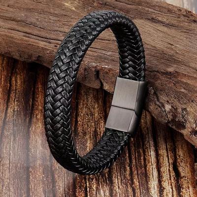 China CLASSIC Simple Stylish Black Woven Stainless Steel Leather Strap for sale