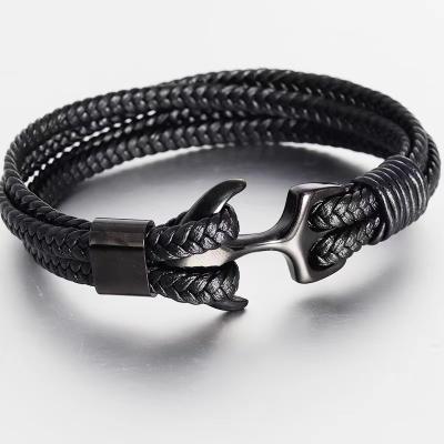 China CLASSIC New Men's Stainless Steel Anchor Black Leather Braided Bracelet for sale