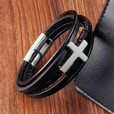 China 2022 New CLASSIQUE Multi-Layer Stainless Steel Cross Braided Leather Bracelet for sale