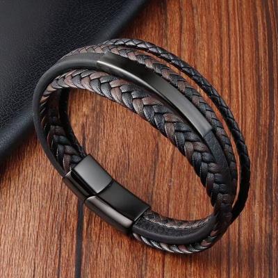 China 2022 New And Stylish Simple Stainless Steel CLASSIC Multi-Layer Leather Braided Bracelet for sale