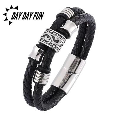 China New CLASSIC Men's Simple And Stylish Stainless Steel Leather Woven Multi-Layer Bracelet for sale