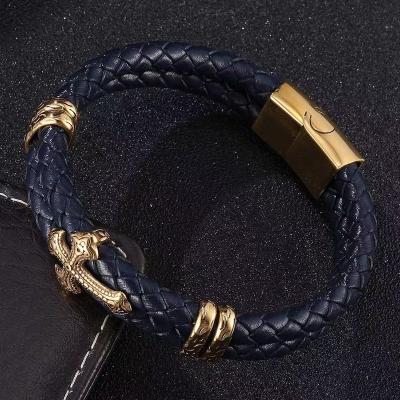 China New Personality CLASSIC Stylish Cross Stainless Steel Woven Leather Bracelet for sale