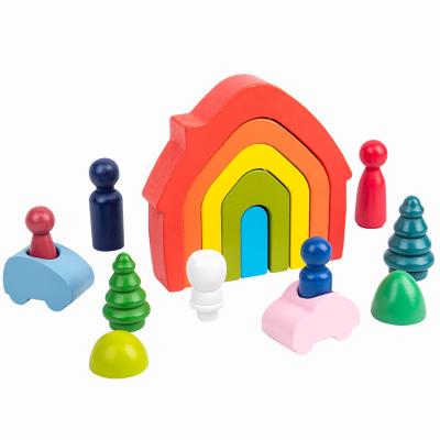 China Toy Wooden Rainbow Stacking Game Educational Learning Toy Geometry Building Blocks for Toddlers Age 3 4 5 6 Years Creative Match Color Shape for sale