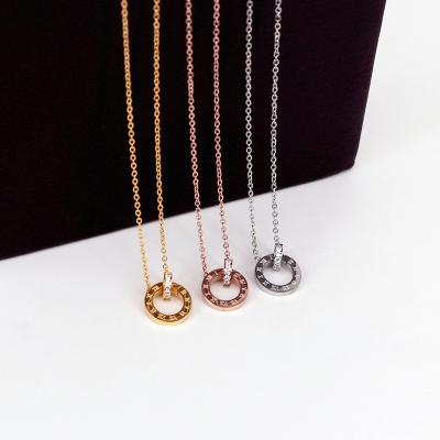 China New Circle Crystal Roman Numerals Double Buckle Woman Gold Necklace Pendant Jewelry Environmentally Friendly Female Titanium Steel Clavicle Necklace for sale