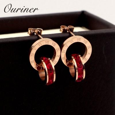 China CLASSIC Letter Roman Numeral Double Circle Earrings For Women Luxury Brand Love Charm Square CZ Crystals Stud Earrings Jewelry KE207-1 for sale