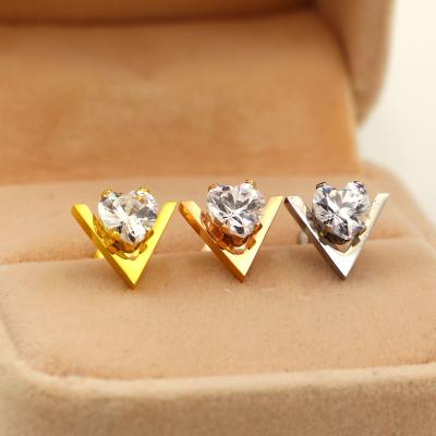 China CLASSIC Trendy Gold Stainless Steel CZ Crystal Stud Earrings Jewelry Rose Heart Shape Clear For Women Girls E412 for sale