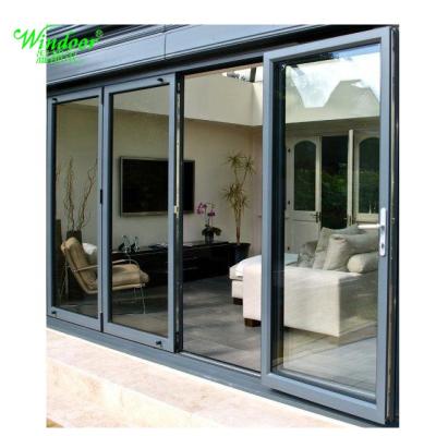 China Folding Screen Gray Color / Black Color Wood Grain Aluminum Glass Folding Sliding Door For House for sale