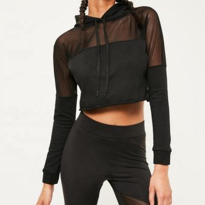 China 2019 Active Culture Women Top Wear Hoodies Good Quality Anti-static Autumn Black Mesh Panel Hoodie for sale