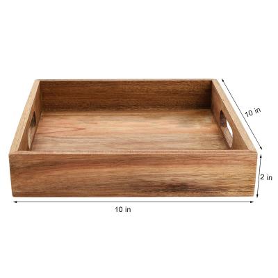 China BAMBOO natural wood tray with handle 10 x 10 x 2 inch for breakfast, lunch, dinner, coffee, wine for sale