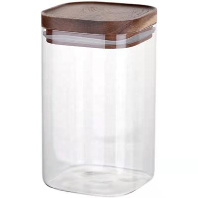 China Square Shape Food Storage Glass Jar Freshness Preservation Spice Jar With Wooden Lid for sale