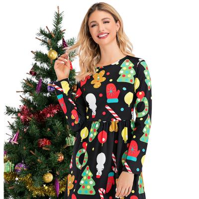 China Wholesale Anti-Static Winter Christmas Clothes Long Sleeve O Neck Stylish Polyester Casual Fashion Printed Ladies Dress Women Midi Dresses for sale