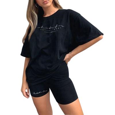 China 2022 summer new fashion wholesale QUICK DRY tops short pants cotton black T-shirt plus size women two pieces clothing set for sale