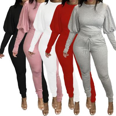 China 2022 QUICK DRY autumn 4XL long sleeve puff sleeve top sheer pants casual overalls long sleeve legging plus size women 2 piece outfits for sale