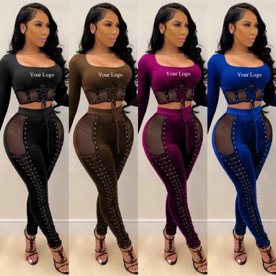 China Anti-wrinkle 2021 Custom Logo Lace Up Clothing Fashionable Slimming Patchwork Bandage Women Tracksuit 2 Piece Sets for sale