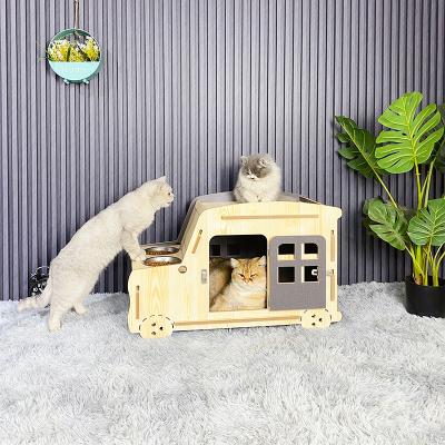 China E1 Level OSB Cat Nest Wooden Pet House Sustainable Luxury Durable Eco-Friendly With Stainless Steel Double Bowl And Cat Scratch Board for sale