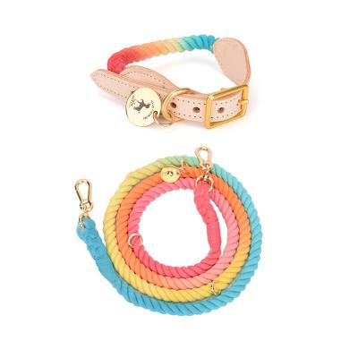 China Personalized Colorful Pet Accessories Luxury Cotton Rope and Luxury Cowhide Leather Dog Collar and Leash Harness Set with Metal Tag for sale