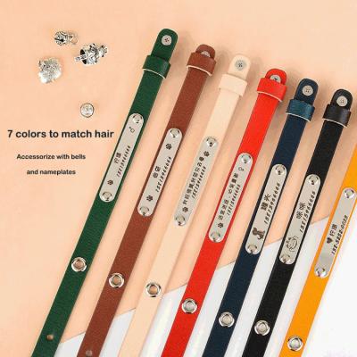 China Personalized Natural Cowhide Cat Luxury Collar With Leather Bells And Nameplates Lettering Multicolor Anti-lost Collar For Cat for sale