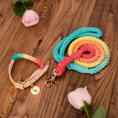 China Personalized Colorful Cotton Rope And Cowhide Leather Dog Collar Luxury Dog Collar And Leash Harness Set With Metal Tag For Pet for sale