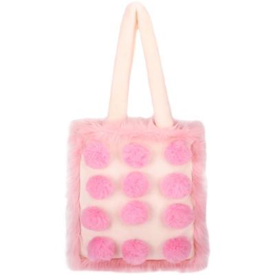 China Portable New Furry Pink Large Tote Bags With Cute Fuzzy Ball For Lady Girls Trendy Soft Furry Handbags large capacity women's canvas bags for sale