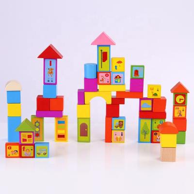 China DIY TOY 52 Pieces Hot Selling Premium Solid Wooden Building Block Houses Wooden Educational Wooden Blocks Set Stacking Toy For Kid OEM for sale