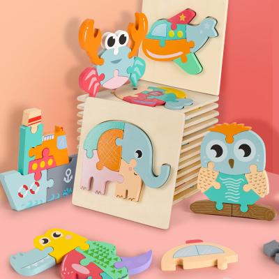 China Cartoon Toy Wooden Puzzles For Children 3D Cartoon Animal Traffic Montessori Early Learning Educational Toy For Kids Gifts for sale