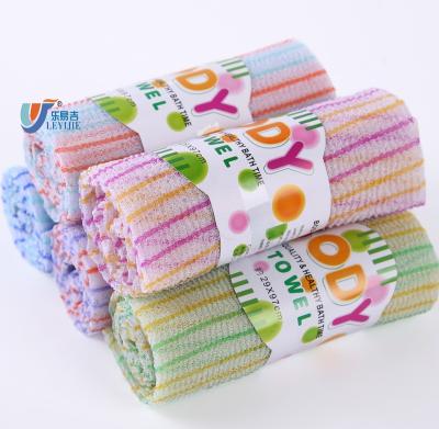 China Quickly Dry Stripe 100% Disposable Nylon Body Scrub Towel Exfoliating Massage Shower Towel Wash Magic Peeling Cleaning Cloth for sale