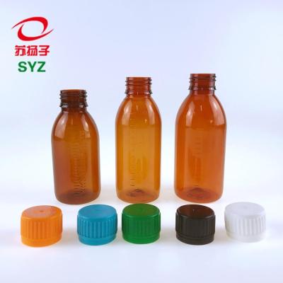 China 140/160/200ML Medicine Pet Amber Plastic Medicine Syrup Pharmaceutical Liquid Bottle With Measuringline for sale