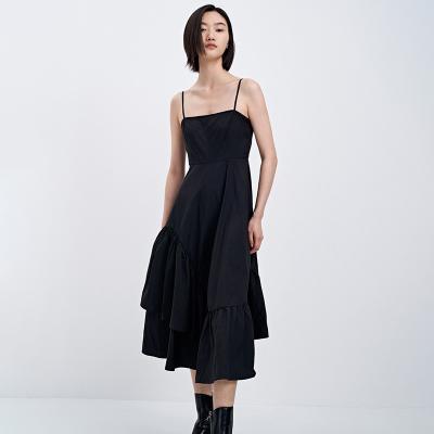 China New Summer Anti-Static Black Spaghetti Strap Dress Irregular Women's Party Dress Midi Elegant Short Sleeve Dress for sale