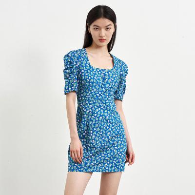 China New Anti-Static Summer Women's Fashion Square Neck Dress Floral Puffy Sleeve Casual Top Dresses for sale