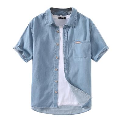 China Anti-pilling 100% Cotton Denim Casual Shirts Summer Men Short Sleeve No Iron Single Breasted Treatment for sale