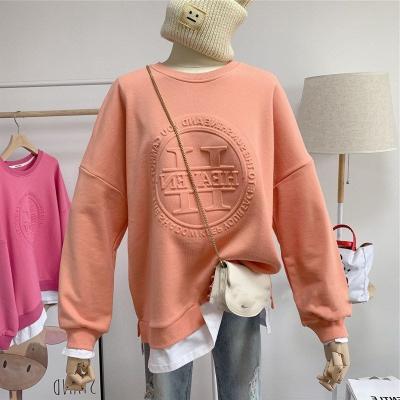 China Custom Plus Size Logo Winter Sweatshirts Women 3D Embossed Letters Print Solid Color Sweatshirt for sale