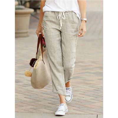 China 2020 New Anti-wrinkle Solid Color Loose Casual Drawstring Elastic Waist Cotton And Cropped Canvas Pants for sale