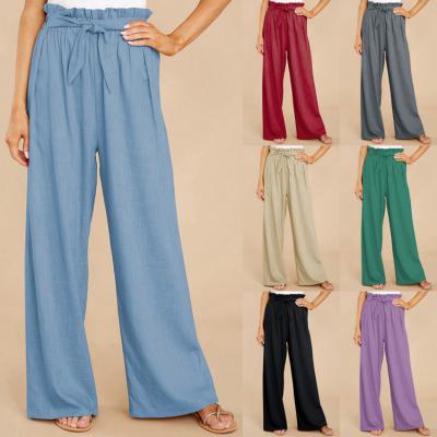 China Spring Women Anti-Wrinkle High Leg Pants Solid Color Casual Loose Wide Leg Pants Lace Up Waisted Ladies Ladies for sale