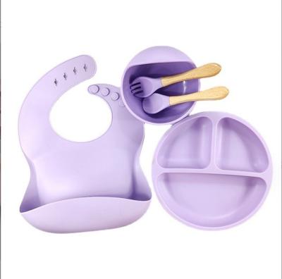 China 5pcs Eco-friendly Baby Feeding Set Silicone Suction Bowls Plates Spoon Fork Bib for Toddlers for sale