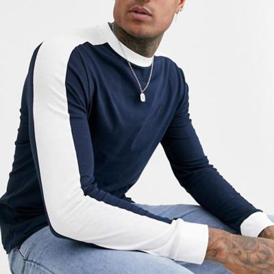 China Sustainable long sleeve t-shirt with contrast shoulder panel in navy long back men's clothing style white t-shirt for sale