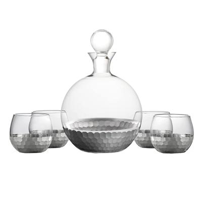 China Metallic wine decanter decorated BREF by detail and 4 stemless wine glasses for sale