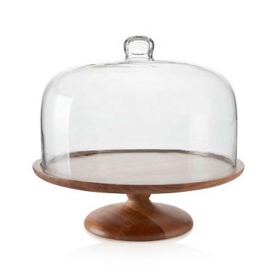 China Modern acacia wood cake pedestal with glass dome suitable for fruit cakes different desserts for sale