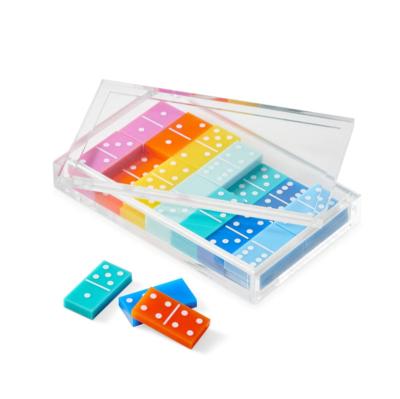 China Eco-Friendly Custom Game Figures Wholesale Colorful Double Six Dominoes Domino Set And 28 Pcs Sublimation Acrylic Domino Game Set With Box for sale