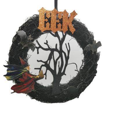 China Halloween Wreaths For Front Garland Door Decoration Halloween Witch Wall Fall Wreath LED Lighted Up Halloween Wreath for sale