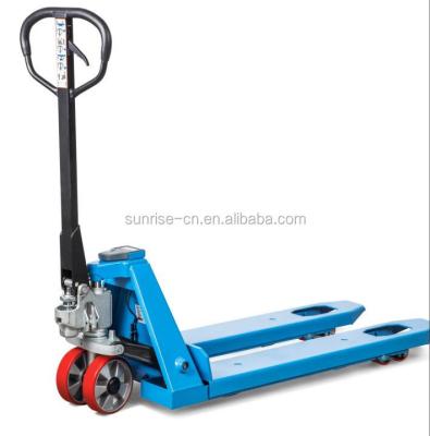 China 2500kg Jack Pallet Truck Rough Terrain Hand Pallet Truck With Weight Scale 2000kgs for sale