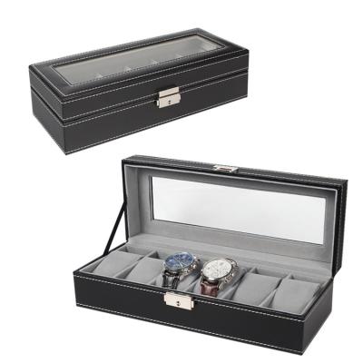 China 6 Black Leather 30mm Watch Box Display Case 30mm Slot Leather Jewelry Storage Glass Box 6 Slot Organizer for sale