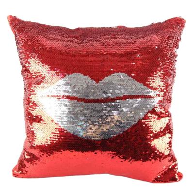 China New Folded Flip Embroidered Sequin Red Lip Pattern Pillow Cushion Cover for sale