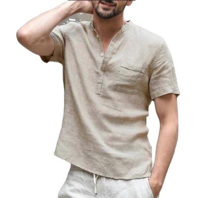 China 2022 QUICK DRY European and American T-shirt Breathable Canvas Trade Big Button V Collar Men's Cotton and Canvas Shirt for sale