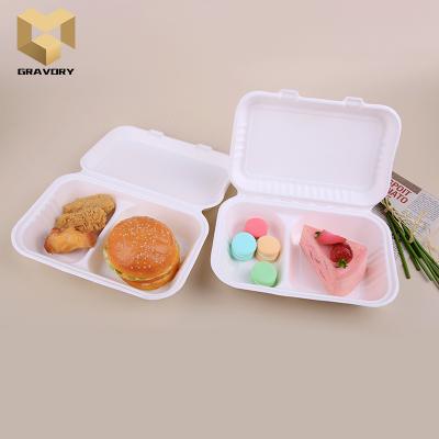 China Popular Disposable Two Compartment Sugarcane Bagasse Lunch Hamburger Box Take Out Sugarcane Bagasse Packaging for sale