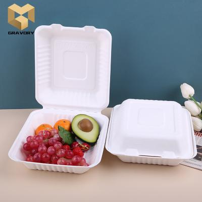 China Easy To Go Disposable Food Container Eco Friendly Clamshell Box Disposable Clamshell Box Bagasse Box With Lock for sale