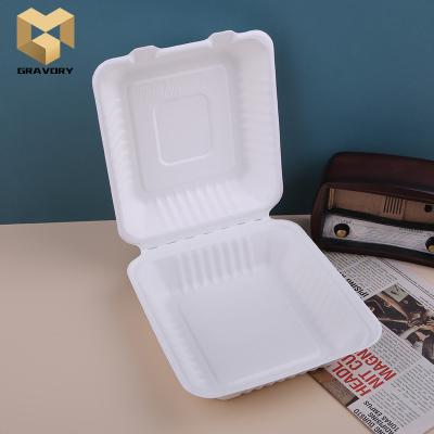 China Disposable Sugarcane Bagasse Burger Food Box To Go Lunch Bagasse Lunch Box Biodegradable Takeaway Food for sale