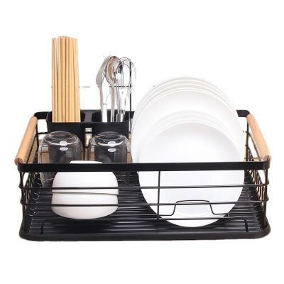 China Multi-Functional Handle Single Layer Wooden Kitchenware Storage Rrought Iron Drain Dish Rack for sale